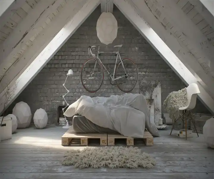 Modern attic bedroom with a pallet bed,and minimalist decor featuring a shag rug and geometric lamp.