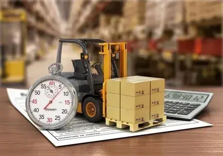 A forklift beside a stopwatch and stacked boxes on financial documents, symbolising efficiency in logistics and time management.