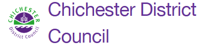 Chichester District Council logo, using green and purple colors, with stylised imagery representing the district's landscape.