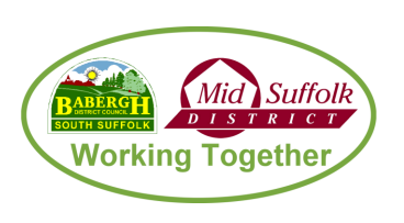 Logo featuring Babergh and Mid Suffolk District Council, with the phrase "Working Together" in green text.