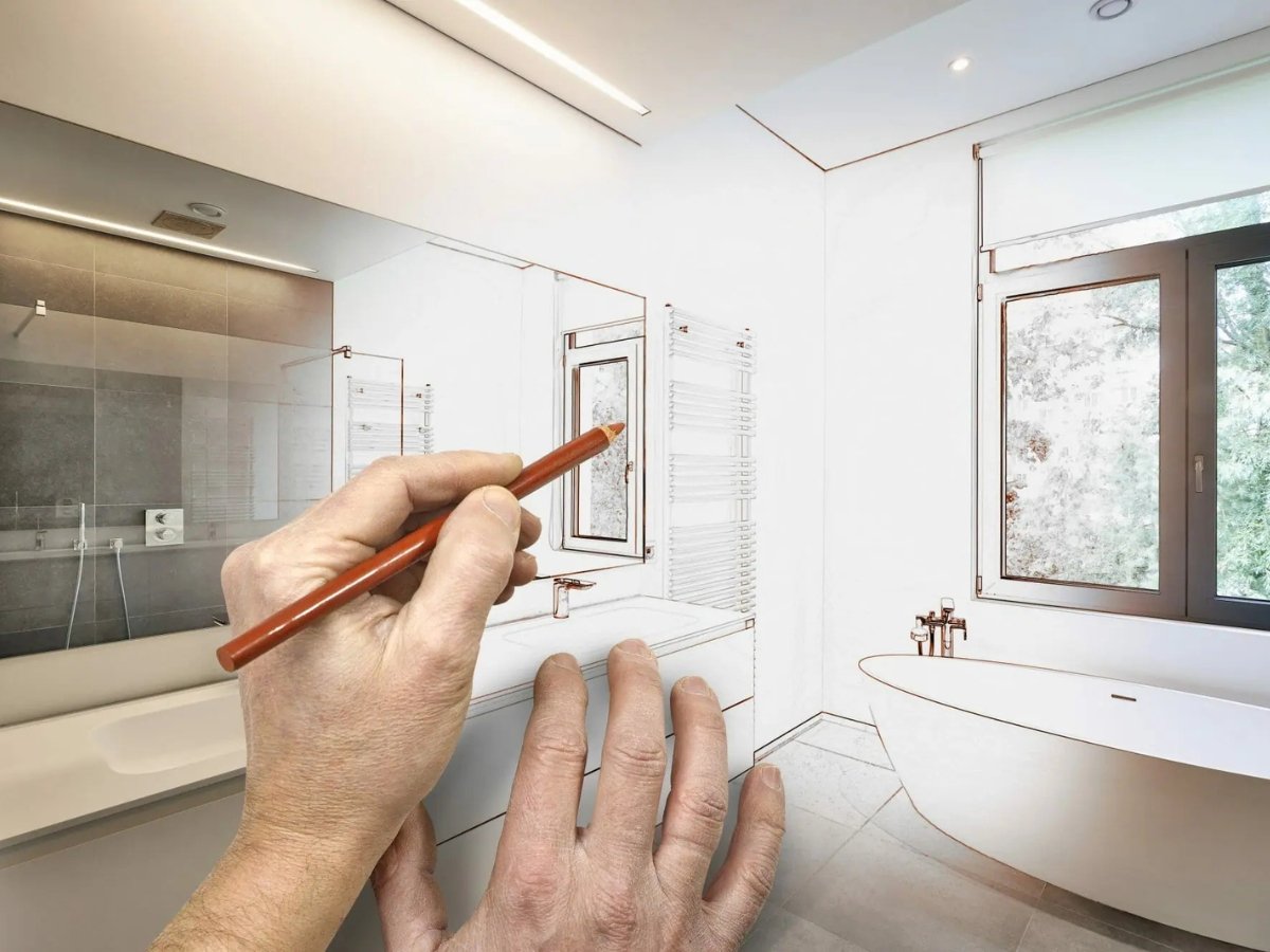 A hand sketches a customised modern bathroom design, blending digital lines with a partially finished realistic interior space.