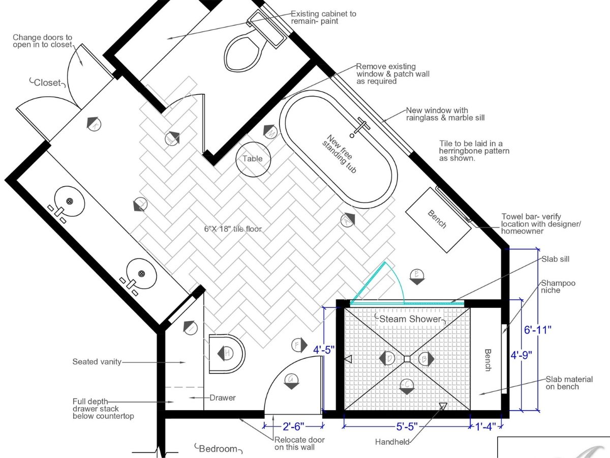 Floor plan design featuring a bathroom layout with a steam shower, freestanding tub, bench, and dual vanities.