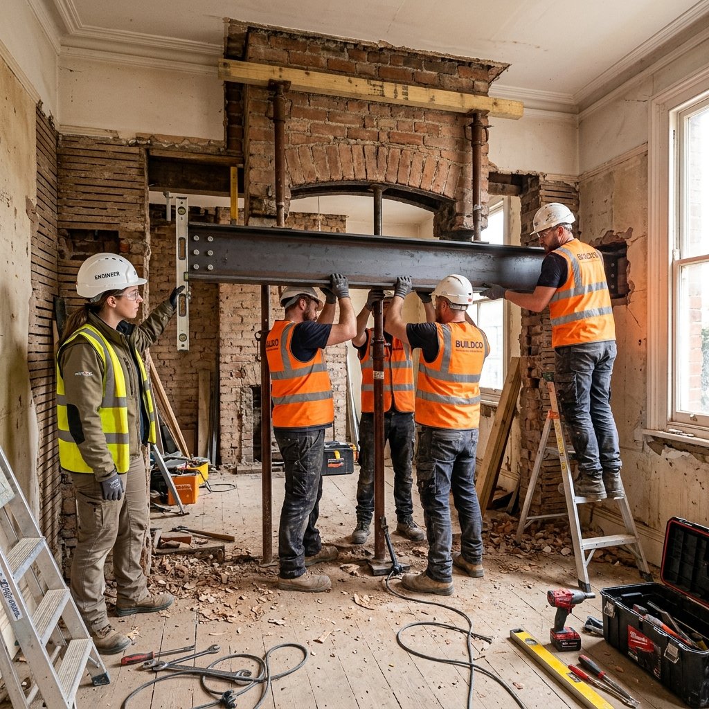 Professional chimney removal contractors installing an RSJ steel beam for structural support.